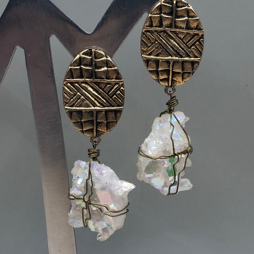 Raw aura quartz crystals artisan statement size earrings boho festival party